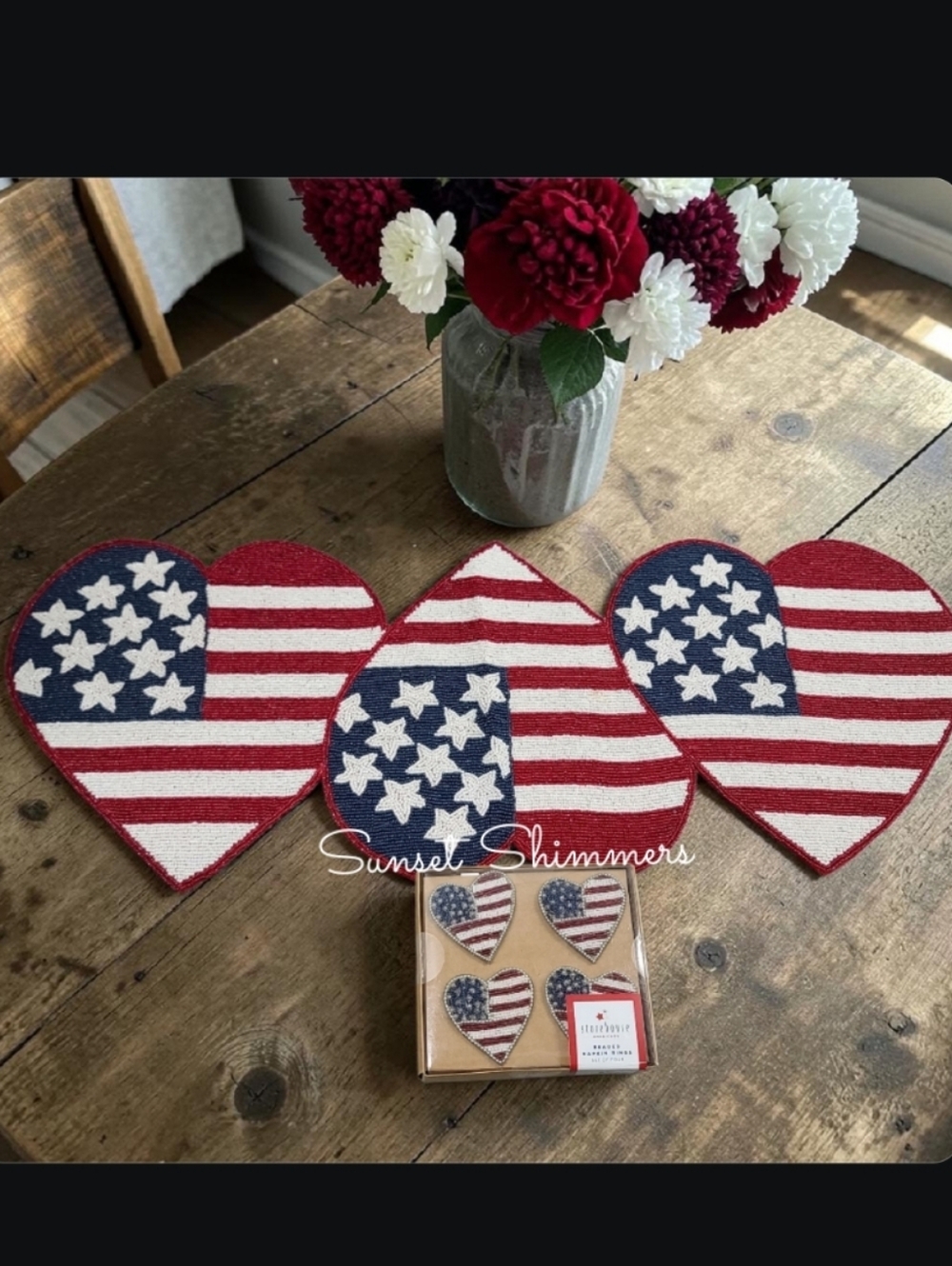 x4 July 4th Patriotic Heart Americana Beaded Napkin Rings & Table Runner Set New